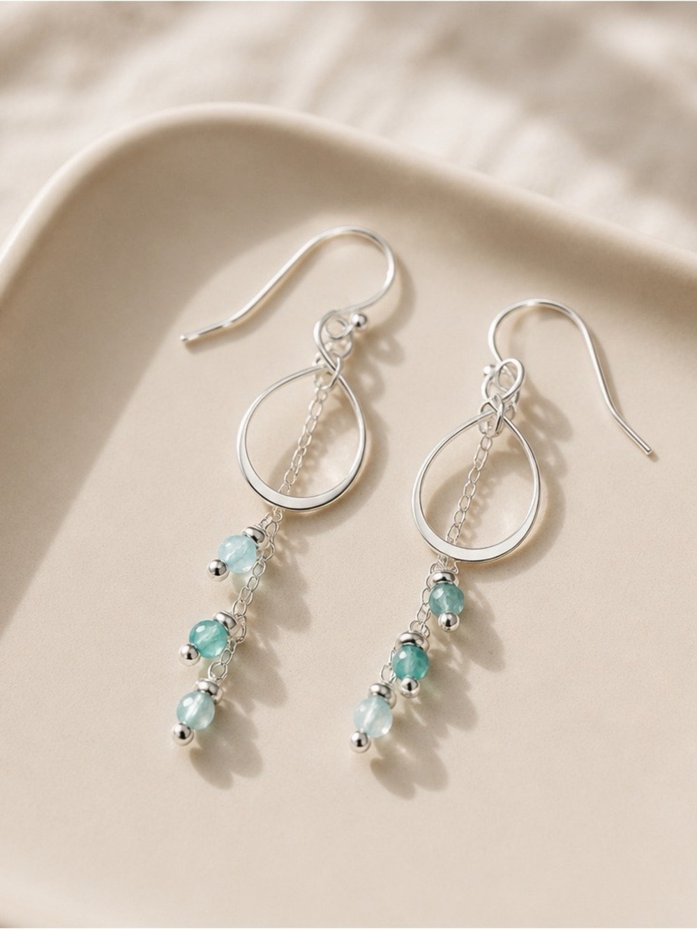 Silver Drop Earrings with Aqua Beads - Women Jewelry